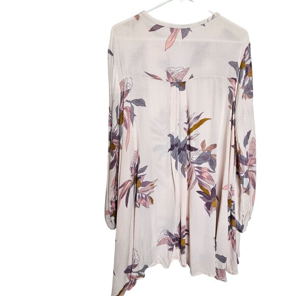 Free People Floral High-Low Tunic Blouse Pockets Flowy Gauzy Keyhole Neck Pink M - Picture 2 of 12